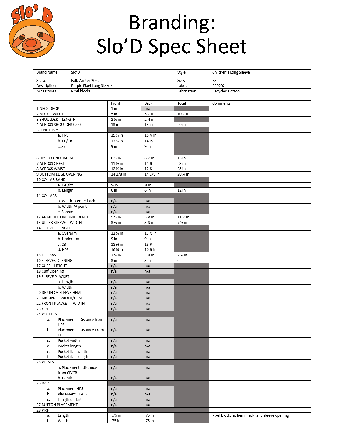 Slo'D Long Sleeve Spec Sheet